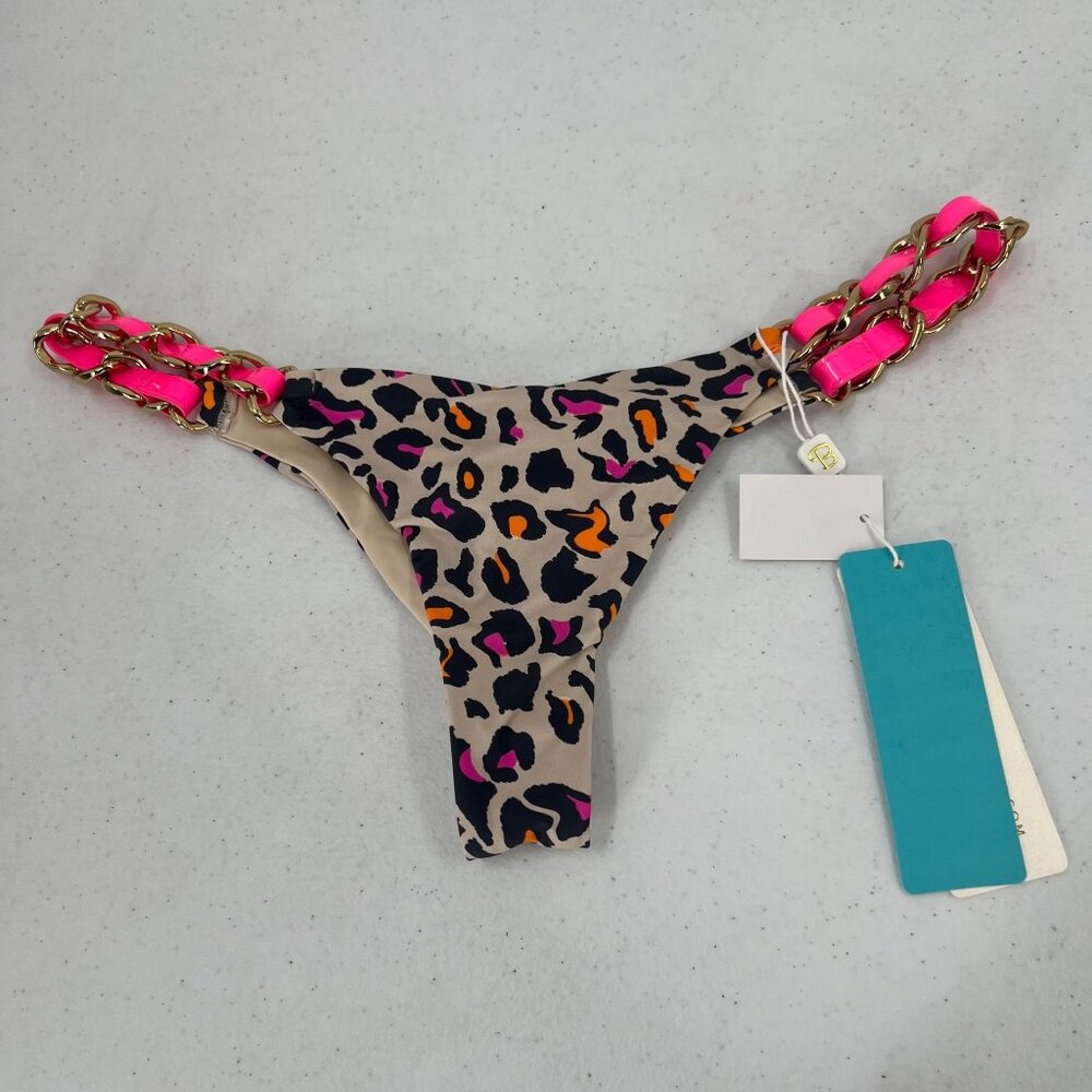 Beach Bunny Leopard Print Bikini Bottom with Pink and Gold Accents